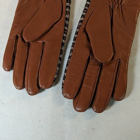 Kenneth Cole Leather Wool Gloves Brown Plaid Tweed Black Women's M Medium Lined - Picture 8 of 10